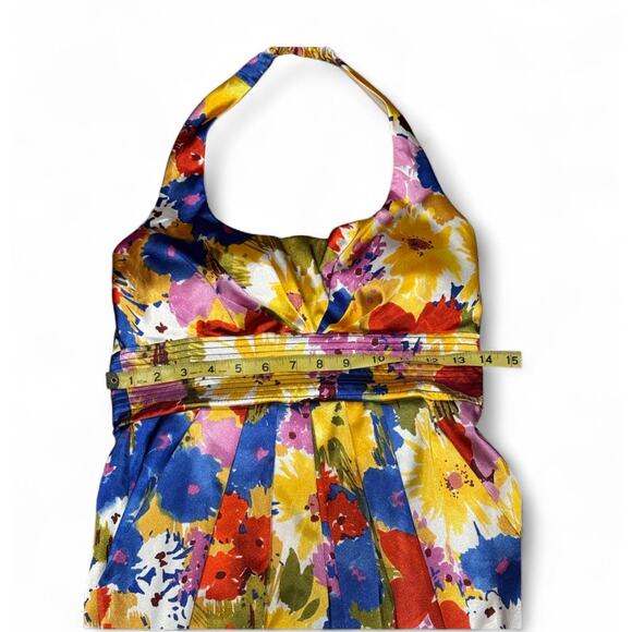 Bisou Bisou Michele Bohbot 6 Halter Dress Pleated yellow Floral Satin Multicolor - Picture 6 of 8